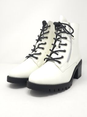 Combat Boots Chunky Heel Lace Up Side Zipper Faux Leather White Pat Ankle Boot
